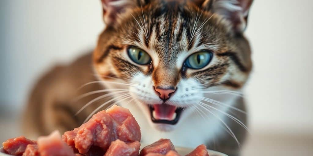 Katze frisst Frischfleisch