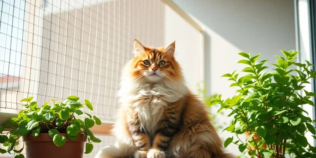 Katze auf sicherem Balkon mit Netz