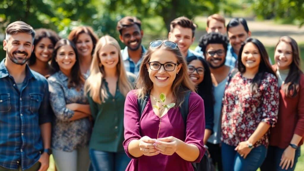 Menschen lächeln und stehen zusammen im Freien.