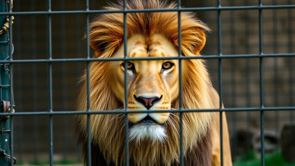 Löwe hinter einem stabilen Metallzaun