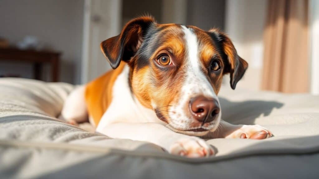Hund auf einem sauberen Bett