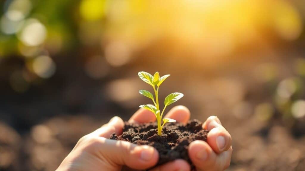 Hände halten eine junge Pflanze, die wächst