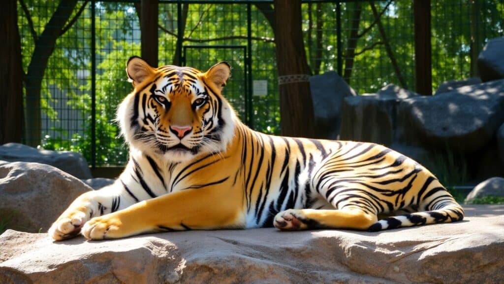 Ein Tiger ruht sich in seinem Gehege aus.